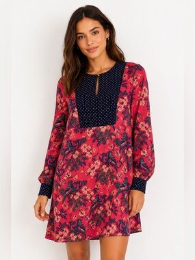 Maeve Anthropologie Bird & Floral Print Shift Dress Pink Navy Long Sleeve